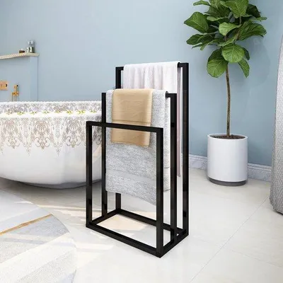 Obrázok produktu pre Voľne stojaci držiak na uteráky s 3 držiakmi na uteráky do kúpeľne - uterák čierny