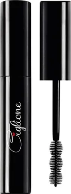 A black mascara tube with the cap off and the brush applicator visible.