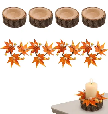 4 Holz-Teelichthalter + 4 Herbstkränze, natürliche Tischdeko