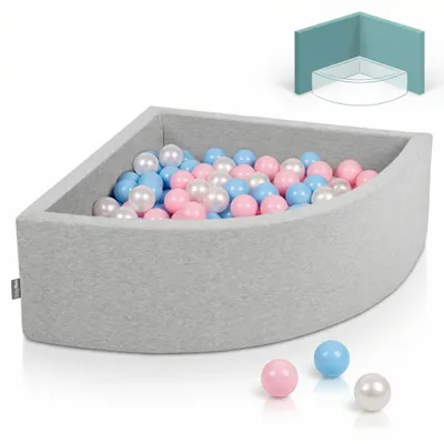 Produktbild von KiddyMoon viertel ecking bällebad bällepool 90x30cm/200 bälle ∅ 7cm ballgruben für babys spielbad kleinkinder, hergestellt in der eu, hellgrau:babyblau/puderrosa/perle
