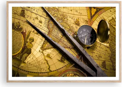 Produktbild von Gerahmtes Poster - Rahmen in heller Eiche - Kompass Abenteuer Reisen - 100x70 cm - Wand Bild - Wanddeko - Wandbilder - Wandposter - Bilderrahmen - Bilder - Kunstdruck - Wandbild - P2NAA100x70-0146