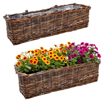 Obrázok produktu pre Sada 2 ks rohových balkónových kvetináčov z ratanu s fóliou v tmavo prírodnej farbe – 60 x 19 cm – ratanový kvetináč s úchytom na zábradlie do 3,5 cm