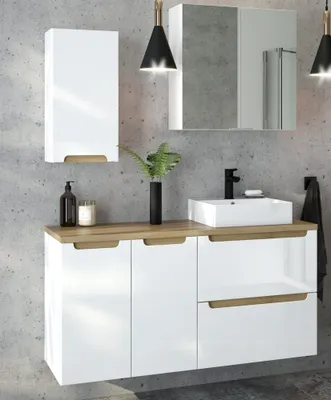 Produktbild von Badmöbel Set Hochglanz weiß mit Trüffel-Buche SOFIA-107 mit 40cm Keramik-Waschtisch & Spiegelschrank, B/H/T ca.120/200/46 cm