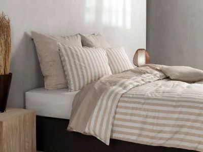 Produktbild von Zohome Banda di Lino Bettbezug - 135x200 cm – 100% Baumwolle – Hochwertige Bettwäsche mit Gestreift motiv – Weich - Atmungsaktiv und Hautfreundlich – inkl. 80x80 cm Kissenbezug – Beige