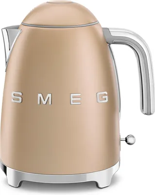 A close-up studio shot of a champagne-colored Smeg electric kettle with silver accents.