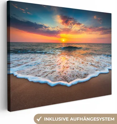 Produktbild von MuchoWow® - Leinwandbilder - Strand - Meer - Sonnenuntergang, Wandbild, Wanddeko Bilder Wohnzimmer, 120x90 cm