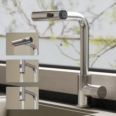 Produktbild von doporro Wasserfall Wasserhahn Küche Hochdruck mit 3 Strahlarten und Einhebel-Mischbatterie, ausziehbare Spültischarmatur Gebürstet silber Turnix-02