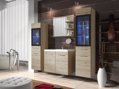Immagine prodotto di Parete da bagno con lavandino e illuminazione a LED RGB YUKO 1 - rovere san remo + sifone GRATIS