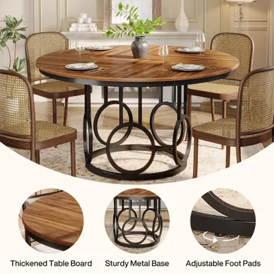 Image de Table ronde pour salle à manger - Table de cuisine de 120 cm de diamètre - Plateau en bois stratifié - Structure métallique robuste - Pour 4 personnes - Couleur : marron
