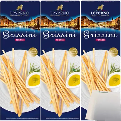 Produktbild von Leverno Grissini Torinesi Italienische Gebäckstangen extra dünn und knusprig 3er Pack (3x125g Packung) + usy Block