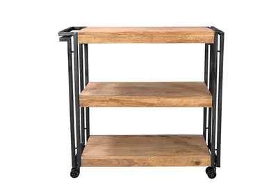 A three-tiered kitchen cart with a wooden top and shelves, supported by a black metal frame. The cart has wheels and a handle.