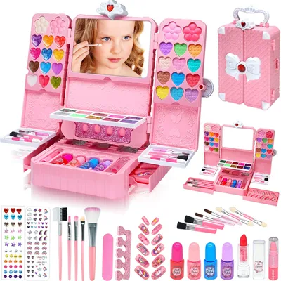 Immagine prodotto di Omgoods - Set di trucchi da gioco, 74 pezzi - Lavabile - Giocattolo - Astuccio per trucchi - Set regalo - Regalo per una principessa - Adatto a bambini dai 3 ai 10 anni - Trucchi giocattolo