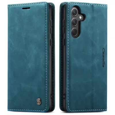 A product shot of a blue phone case, shown from two different angles.