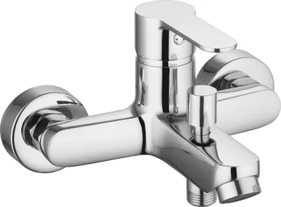 A chrome-plated bathtub faucet is shown against a white background.