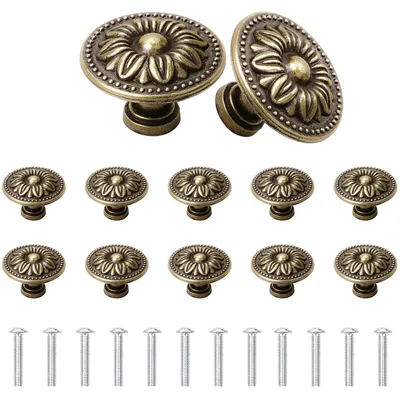 Produktbild von Schrankknöpfe, 12 Stück, runde Schubladenknöpfe, 30 mm, Schrankknöpfe in Antikbronze, Küchenknöpfe mit Schrauben, Schranktürknöpfe mit Blumenmuster, runde Vintage-Kommodenknöpfe für Möbel, Kommoden