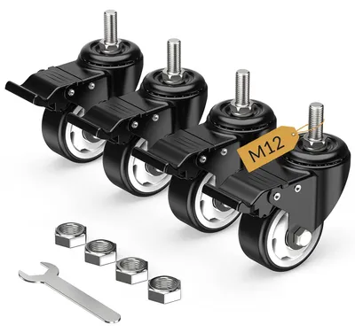 Image de Roulettes pivotantes de 75 mm pour meubles, avec frein de blocage, roulettes de transport, M12 x 1,75 x 30 mm (diamètre de l'axe : 12 mm, longueur de l'axe : 30 mm), lot de 4, roulettes pour charges lourdes, noir