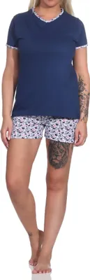 Produktbild von Normann Sommerlicher Damen Shorty, kurzarm Schlafanzug mit floralem Print - 123 152 ; marine , 48-50