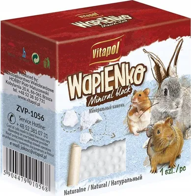 A product box for a mineral block for small animals, featuring images of a rabbit, hamster, and guinea pig.