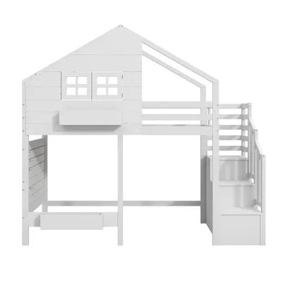 Produktbild von Merax Etagenbett Hochbett 90×200 cm mit Fenster, Kinderbett mit Rausfallschutz und Stauraumtreppe, Jugendbett aus Massivholz, Weiß