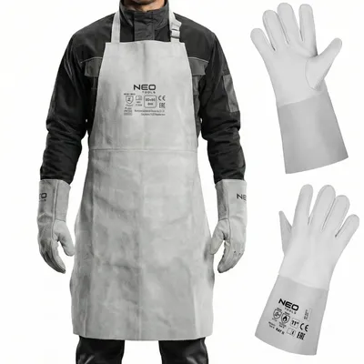 Produktbild von NEO TOOLS Schweißerschürze Leder 60 x 90 cm Set mit Schweißerhandschuhen Größe 11 Rindsspaltleder Schutzschürze für Schweißer