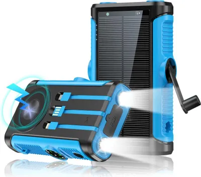 Produktbild von Linomag® Solar Power Bank, 20000 mAh, 3 Kabel, 4 Anschlüsse, magnetisches kabelloses Laden, integrierter Kompass und Taschenlampe, wasserdicht, blau