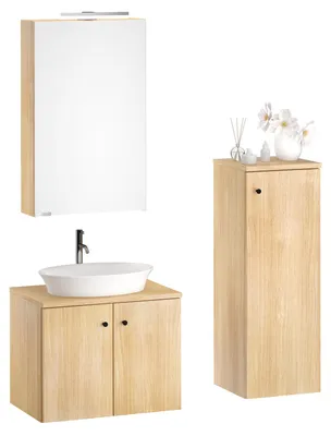 Produktbild von Badezimmermöbel-Set Spiegelschrank Waschtisch Schrank Eiche Dekor V-90.59-03Set ohne Füße