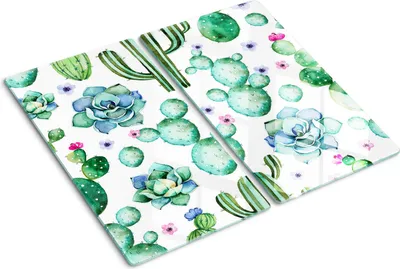 Obrázok produktu pre Sklenená ochranná doska – Kryt varnej dosky – Kryt na indukčnú dosku – 2x30x52 cm – Rýchle čistenie – Tvrdené sklo – Kaktusy