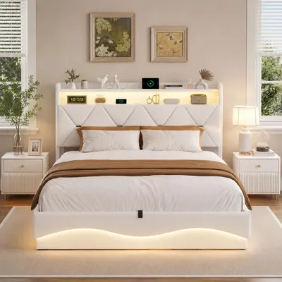 Zdjęcie produktu dla Łóżko tapicerowane INONEFT, 140x200 cm, z oświetleniem LED i portami USB, z hydraulicznym podnoszeniem do przechowywania, łóżko młodzieżowe z pojemnikiem w zagłówku, obite welurem w kolorze beżowym, Obraz wygenerowany przez AI