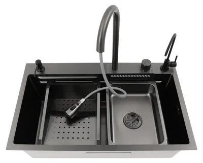 Produktbild von Küchenspüle Set - Einbauspüle 75x46 cm - Einzelbecken - Wasserfall Armatur - Ausziehbare Mischbatterie - 304 Edelstahl - Rechteckig - Schwarz