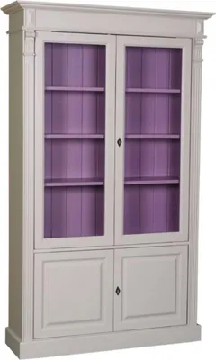 Produktbild von Casa Padrino Landhausstil Bücherschrank Hellgrau / Lila 119 x 39 x H. 197 cm - Wohnzimmerschrank mit 4 Türen - Massivholz Schrank - Vitrinenschrank - Landhausstil Wohnzimmermöbel