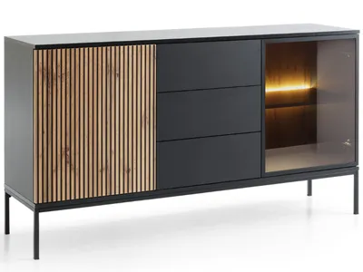 Produktbild von GrainGold Kommode Deo - Kommode mit Schubladen und Türen - Sideboard, TV-Kommode, LED-Beleuchtung, Kommode mit Glas - Kommode Graphit, Eiche Wotan