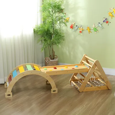 Produktbild von Klettergerüst Indoor, 7 in 1 Kletterdreieck mit Rutsche, Kletterbogen, Mehrfarbig, Kiefernholz, Mehrschichtenplatte, 168 x 62,5 x 57 cm