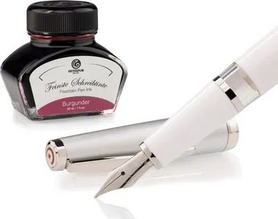 Immagine prodotto di Set penna stilografica Cleo Skribent Classic metallo bianco, penna stilografica a stantuffo e 30 ml di inchiostro bordeaux