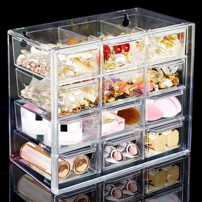 Produktbild von Schreibtisch-Aufbewahrungsbox mit 12 Mini-Schubladen, transparente Schreibtisch-Schubladeneinheit für Bastelmaterialien, stapelbarer Schreibtisch-Organizer für Kosmetikartikel.