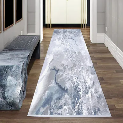 Zdjęcie produktu dla Dywan wełniany Dywan marmurowy Nowoczesny dywan Abstrakcja w kolorze szarym niebieskim kremowym Rozmiar - 80 x 300 cm