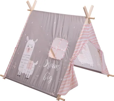 Obrázok produktu pre ECD Nemecko Detský stan na hranie s oknom, 117x108x105 cm, motív lamy, teplá sivá, z polyesteru, stan s 2 dverami a taškou na prenášanie, detský stan Indiánsky domček na hranie