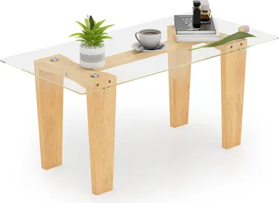Produktbild von COSTWAY Couchtisch mit Glasplatte, 100 cm rechteckiger Mitteltisch mit Beinen aus massivem Gummibaumholz, minimalistischer Cocktailtisch Schwarz
