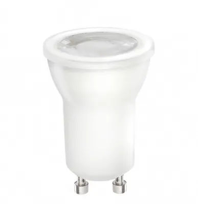 A white LED light bulb with a GU10 base is shown against a white background.