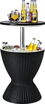 Produktbild von Kühlbox/Beistelltisch Polyrattan, 30 L Getraenkekühler Cool Stool in Rattanoptik, Kühlbox mit Deckel & Abflussloch, Gartentisch hoehenverstellbar (Schwarz)