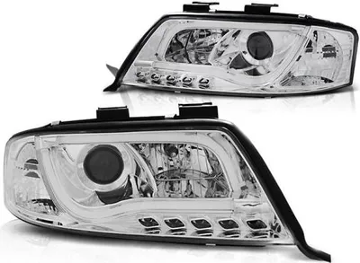 Zdjęcie produktu dla Reflektory z wbudowanymi światłami do jazdy dziennej LED, pasujące do Audi A6 4B (97–01), chromowane