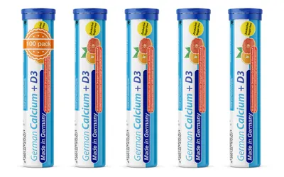 Produktbild von German Calcium + D3 Brausetabletten 5x20 Stk. Orangen-Grapefruit Geschmack Zuckerfrei - 500 mg Kalzium, 2,5 μg Vitamin D3 - T&D Pharma –  Germany
