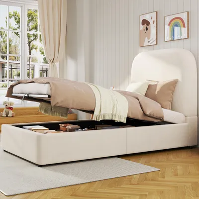 Produktbild von Polsterbett Kinderbett 90x200 cm mit Hydraulik-Stauraum, Lattenrost & gepolstertem Kopfteil, Einzelbett Jugendbett, Beige, Samt