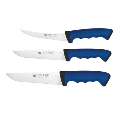Produktbild von WOLFCUT SoftGrip BLUE-Serie - Metzgermesser-Set 3-tlg. - Ausbeinmesser, Stechmesser, Fleischermesser
