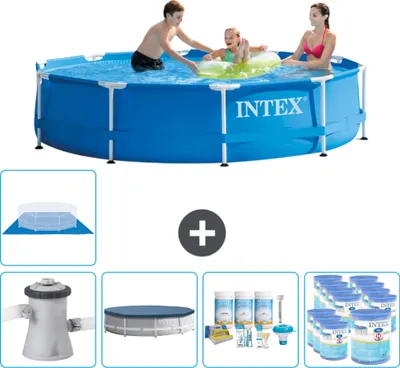 Produktbild von Intex Rundrahmen-Schwimmbecken – 305 x 76 cm – Blau – inklusive Pumpe Abdeckung - Wartungspaket - Filter - Bodenplane