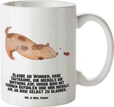 Produktbild von Mr. & Mrs. Panda Große Teetasse Hund Marienkäfer - Weiß - Geschenk, Keramiktasse, Wunder, Mischlinghund, Sprüche, Zuversichtlich, Positiv, jumbotasse, weisse tasse
