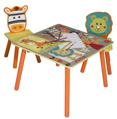 Image de Table pour enfants avec 2 chaises, ensemble en bois – pour l'apprentissage, les jeux, la peinture, les repas – SAFARI