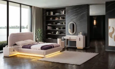 Immagine prodotto di Set letto di design con comodino e toletta con specchio per camera da letto