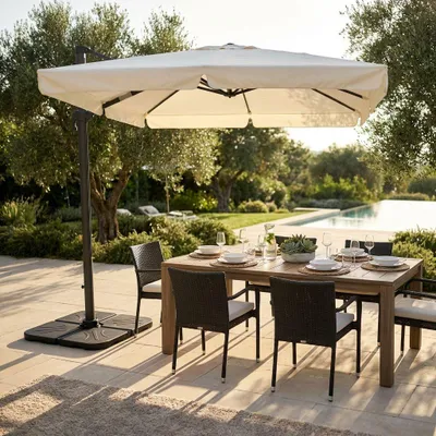 Immagine prodotto di Milani Home - Ombrellone da giardino 3 x 4 m palo laterale decentrato in alluminio, telo poliestere ecrù, per terrazzo, piscina, bar e ristorante