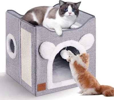 Produktbild von Famanu Katzenhaus Faltbar 40 x 40 x 35 cm - Katzenbett mit Krabplank und Plüschball