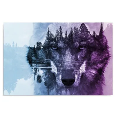 Immagine prodotto di Quadro su tela lupo su sfondo boschivo viola 100x70 cm Feeby quadro da parete viola pronto per essere appeso